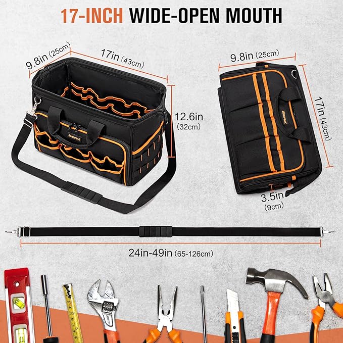 17-Inch Electrician Tool Bags for Men, 46-Pocket Heavy Duty Tool Bag, Foldable Hvac Tool Bag Organizer with Wide Mouth & Adjustable Shoulder Strap for Electricians Mechanics Craftsman Contractor