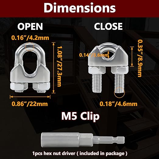 16PCS 3/16 to 1/4 Inches M5 Stainless Steel Wire Rope Clips Cable Clamp