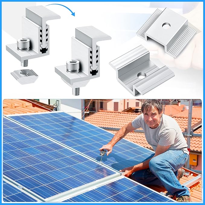 Zhengmy 1.06 Inch Solar Panel Bracket Aluminum Solar Mid Clam with Mounting Brackets 32-50 mm Clamps Adjustable End Panel Clamps(28 Pieces)