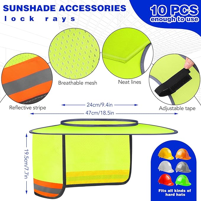 Vicenpal 10 Pcs Hard Hat Shade Full Brim, High Visibility Sun Visor Neck Shade with Reflective Strip, Hard Hat Accessories for Men Women Construction Use(Grey, Yellow)