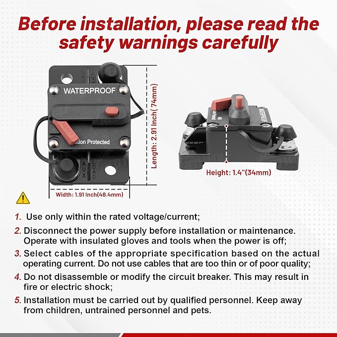 RED WOLF Car Circuit Breaker 30A AMP w/Manual Reset Switch Inline Fuse Holder Inverter 12V-48V DC for Motor Trolling Vehicles Audio Radio Solar System Protection with Wire Lugs Copper Washer Screws