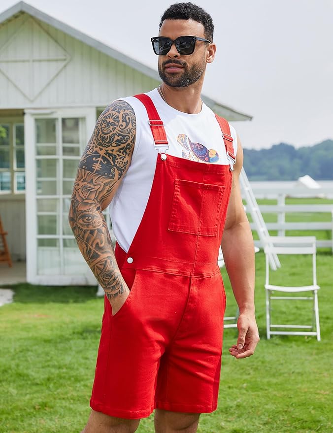 Bindefon Denim Overalls for Men Jean Shorts Jumpsuit Work Bibs Coveralls with Zipper