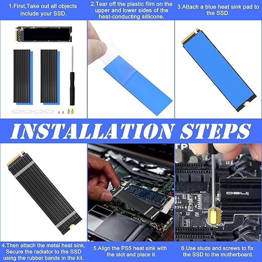 2pcs M.2 SSD Heatsink 2280 SSD NVMe Heat Sink with NVMe SSD Thermal Pad,Screwdriver,Screw,4 Transparent Rubber Straps for PC/PS5 M.2 PCIE NVMe SSD or M.2 SATA SSD