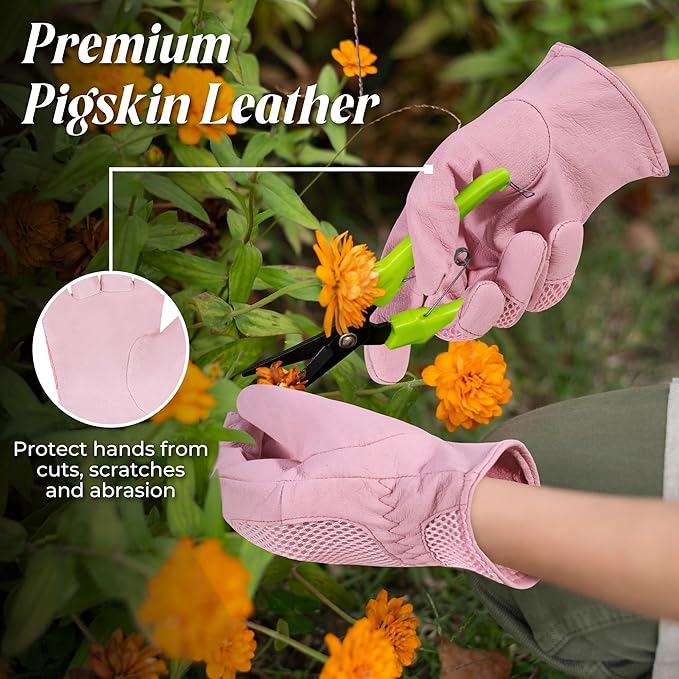 HANDLANDY Work Gloves for Women, Breathable Leather Gardening Glove for Yard Maintenance, Hand Protection with Touch Screen