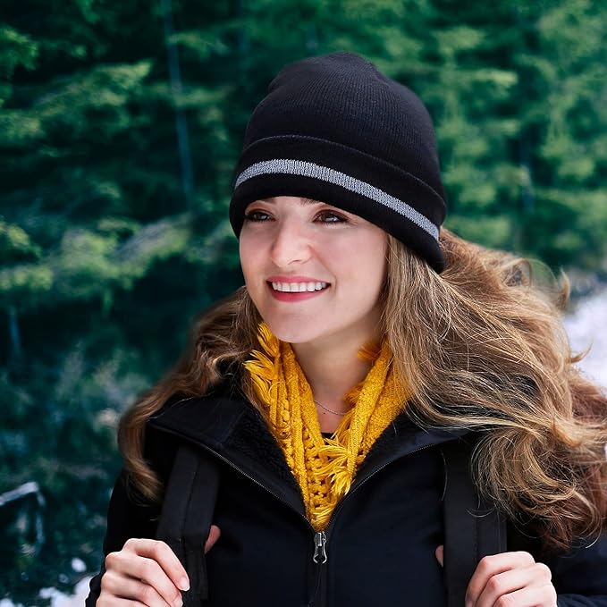 JORESTECH Safety Beanie Unisex Knit Cap Black with Reflective Stripe or Reflective Stitching High Visibility