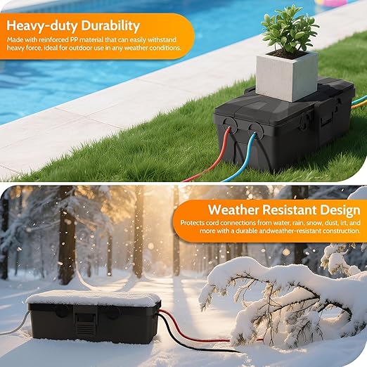 Wowbox Medium Outdoor Electrical Box Waterproof (10.3 x 6X 3.7inch), Black Weatherproof Extension Cord Box w/6 Cable Entry, IP54 Waterproof Outdoor Outlet Covers for Power Strip, Plug