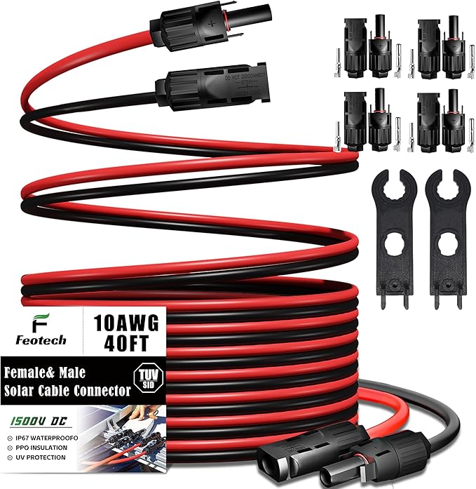 Twin Wire 40FT Solar Extension Cable - 10AWG (6mm²) Solar Panel Connector, with IP67-Male/Female Solar connectors for Outdoor Automotive RV Boat Marine Solar Panel- Black & Red