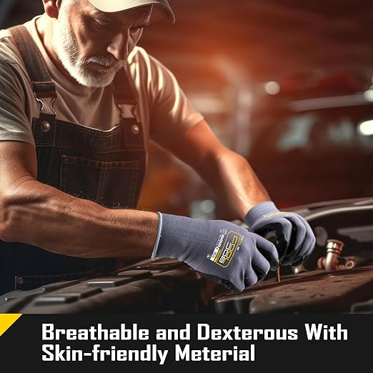 COOLJOB 12 Pairs Nitrile Rubber Coated Nylon Safety Work Gloves Pack Bulk, Dotted for Non-Slip Grip, Breathable Soft Seamless Knit Nitrile Dipped Gloves for Warehouse, Home Improvement, Yard, Xlarge