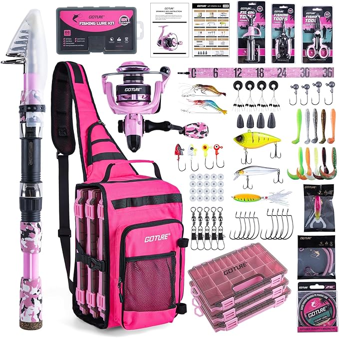 Goture Pink Fishing Rod and Reel Combo - ML Action Spinning Reel Pole with Pink Bag - Telescopic Rod Kit for Starter Travel Saltwater Freshwater, Gift for Woman