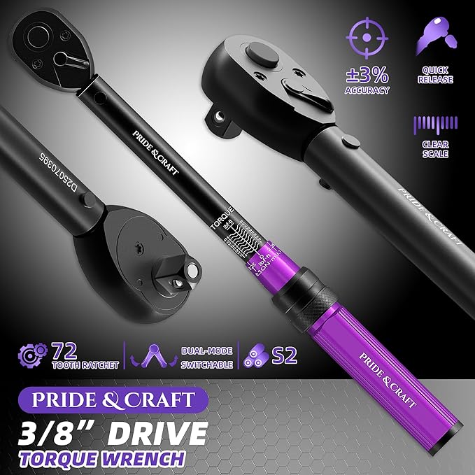PRIDE&CRAFT 3/8 Inch Drive Click Torque Wrench, 3% High Precision Adjustable Dual Direction, 72-Tooth, 5-50 lbf.ft/6.8-68 Nm Torque Wrench for Bike, Motorcycle and Car Repair, Purple Black