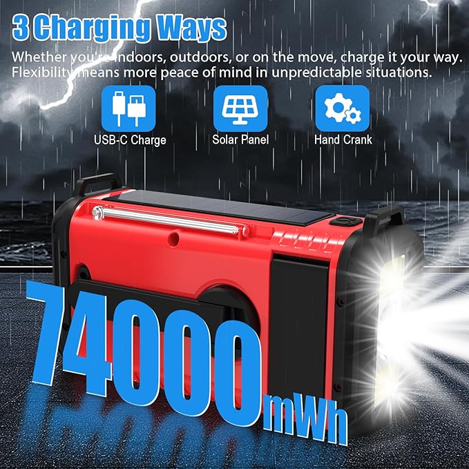 AM FM NOAA Portable Emergency Radio，USB-C/Solar/Hand Crank Charging, Strong Reception & Sound, Large Dial Easy to Use,Alert, Flashlight, Reading Lamp, Cell Phone Charger and SOS Siren