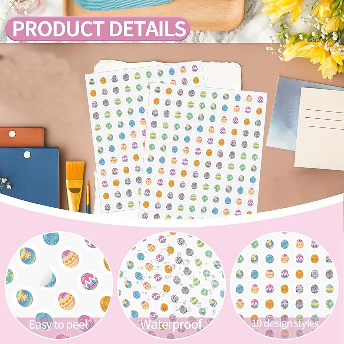 2400 Pcs Small Stickers for Kids,Easter Egg Mini Sticker Colorful Paper Decals 10 Egg Styles Self-Adhesive Stickers for Party Envelopes Scrapbook Gifts DIY Supplies,0.5in（Egg）
