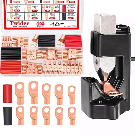 Twidec/160PCS Battery Cable Ends AWG 2 4 6 8 10 12 Gauge Copper Cable Wire Lugs,Ring Terminals Connectors,Copper Ring Terminals Connectors and Hammer Lug Crimper Tool 8 AWG to 0000 AWG