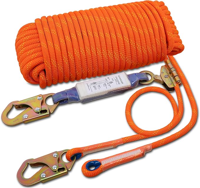 Fall Protection Safety Rope 25ft Heavy Duty Vertical Roofing Grab Snap Hook Shock Absorber Fall Protection Line Kit Restraint System Roofing Safety Equipment(25FT)