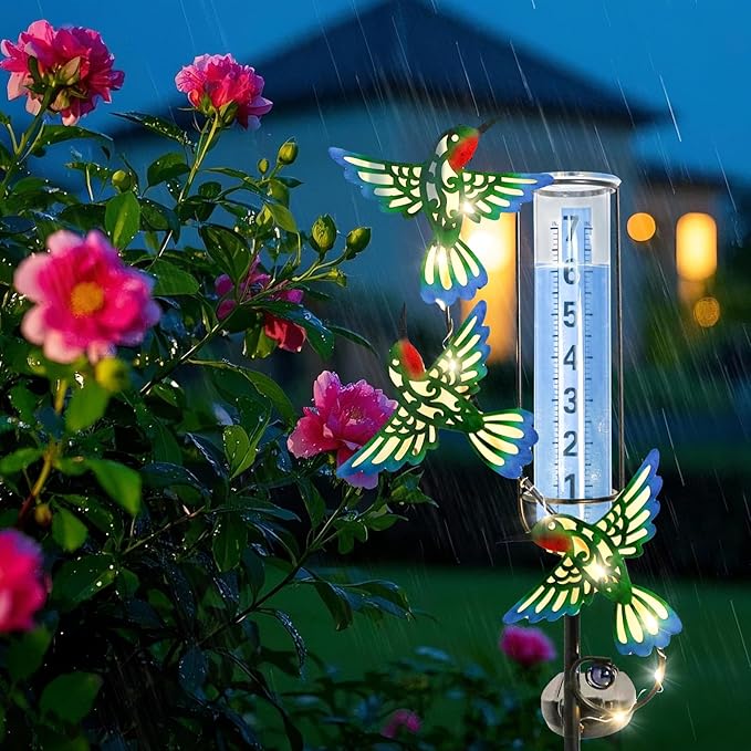 WONDER GARDEN Solar Rain Gauge Outdoor, Hummingbird Decorative Rain Gauges Outdoors Best Rated, Freeze Proof Water Rain Measure Gauge for Yard Patio Lawn Garden Decor
