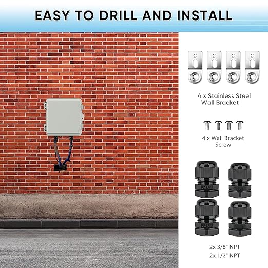 Waterproof Junction Box ABS Plastic, Outdoor Electrical Box IP67 Hinged Cover Project Box with Mounting Plate Wall Brackets and 2 Cable Glands, Grey Electrical Enclosure 5.9"x5.9"x3.5"