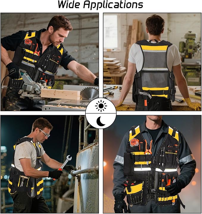 Electrician Tool Vest for Men, Reflective Safety Work Vest with Adjustable Thick Straps, Removable Phone Holder for Electrical, Carpenters, Construction, 22 Pockets