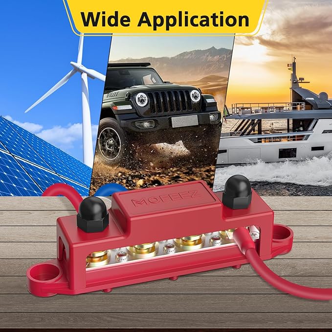 MOFEEZ Power Distribution Block Bus Bar 4 × 5/16" Posts 6 × #8 Screws with Hammer Lug Crimping Tool, Marine Bus Bar 48V 250A for Automotive, Car, Boat, Solar Wiring