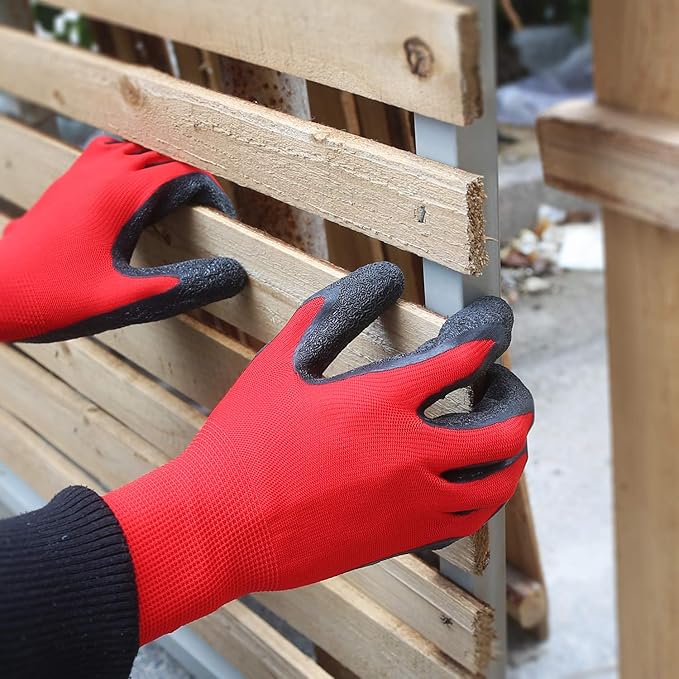 Evridwear Crinkle Latex Rubber Hand Coated Safety Work Gloves for Men Women General Multi Use Construction Warehouse Gardening Assembly Landscaping,Red XX-Large 12 Pairs Pack