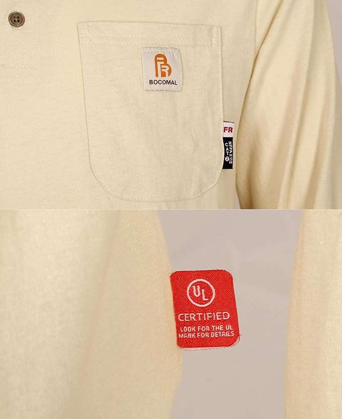 BOCOMAL FR Shirts 6oz Lightweight Flame Resistant Long Sleeve Henley Shirt Fire Retardant Workwear NFPA2112 CAT2