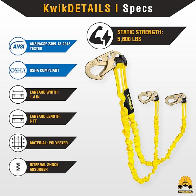 KwikSafety - Charlotte, NC - Double Leg Rattler [2 Pack] Y-Leg Tubular 6’ Safety Lanyard Internal Shock Absorber OSHA ANSI Fall Arrest Protection Equipment Construction PPE Roofing Gear