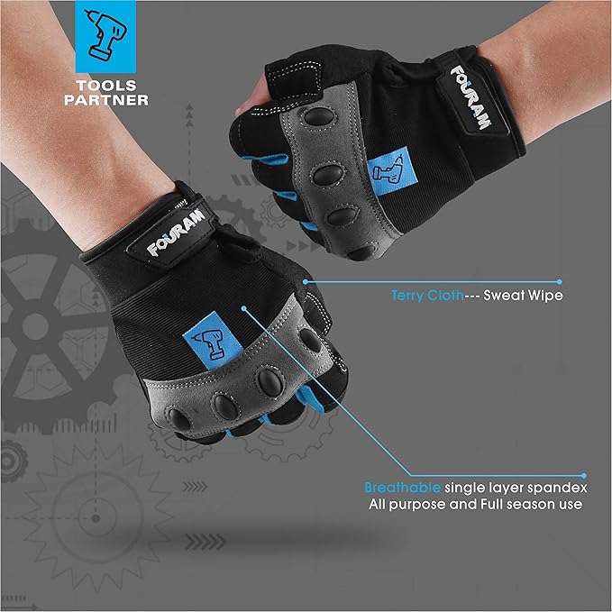 FOUR-AM Work gloves Men Fingerless Mechanic Gloves Shock-Grip, Anti-Collision For Men Women