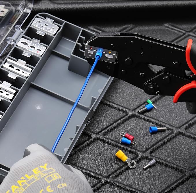Mayouko 7PCS Quick Change Wire Crimping Tool Set for Heat Shrink, Insulated Nylon, Non-Insulated, Wire Ferrules, Open Barrel Terminals, Solar Connectors, Crmiper with 6 Interchangable Die