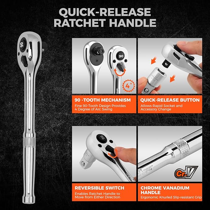 HORUSDY 1/2" Drive 90T Quick-Release Ratchet Handle, Reversible Chrome Alloy Socket Wrench with 1/2" to 3/8" Adapter, Durable and Comfortable for Automotive, DIY, Industrial and Bicycle Repairs