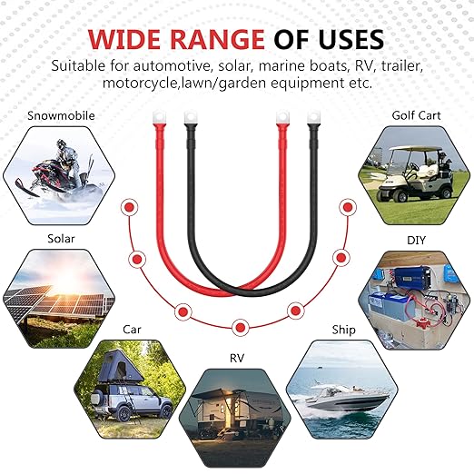 VOLTWORKS 2 AWG Gauge Red + Black Pure Copper Battery Inverter Cables Solar, RV, Car, Boat 2ft 3/8 in Lugs