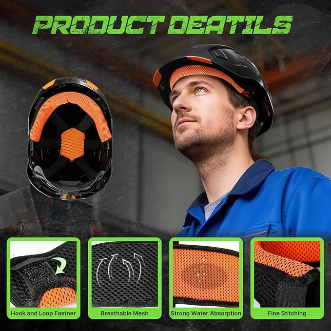 Aolamegs Hard Hat Sweatband - 10pcs Washable Hard Hat Sweat Bands,Flame Retardant Cotton Construction Hardhat Liners for Men,3-Layer Welding Helmet Sweatband,Hardhat Accessories for Welding Headgear