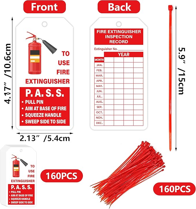 160 Sets Fire Extinguisher Tags with Adjustable Wire Ties Monthly Inspection Record Tags for Indoor Outdoor 4.2 x 2.1 Inch