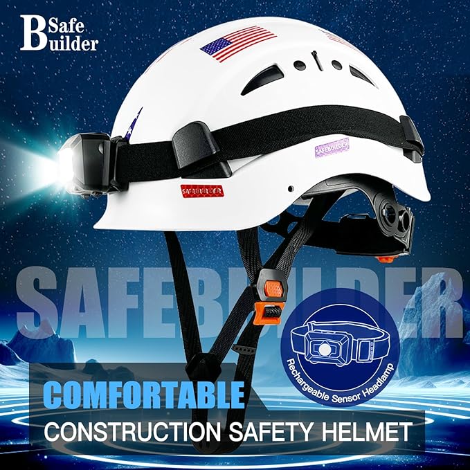 Construction Safety Helmet with Headlight Hard Hat Headlamp Adjustable Ventilation Hardhats Work Head Protection Certified ANSI/ISEA Z89.1