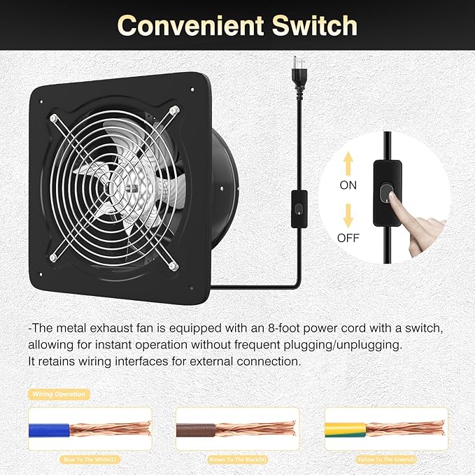 Exhaust Fan Stainless Steel Ventilation Fan with Switch Wall mounted Bathroom fan with check valve for Kitchen, Workshop, Basement (Black, 10 inch)