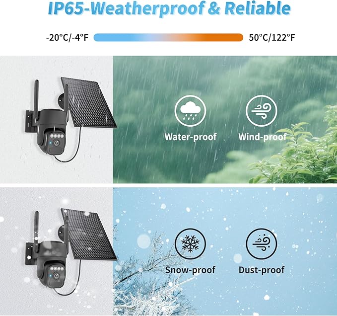 Solar Camera Outdoor Wireless, Wi-Fi Security Cameras for Home, 360° View, Two-Way Talk, Auto Tracking, Light Alarm, Color Night Vision