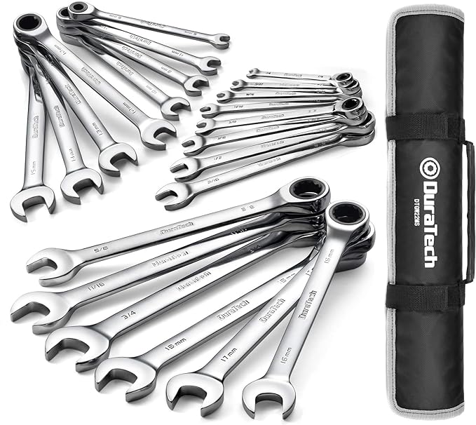 DURATECH Ratcheting Wrench Set, Combination Wrench Set, SAE & Metric, 22-piece, 1/4" to 3/4" & 6-18mm, CR-V Steel, with Pouch