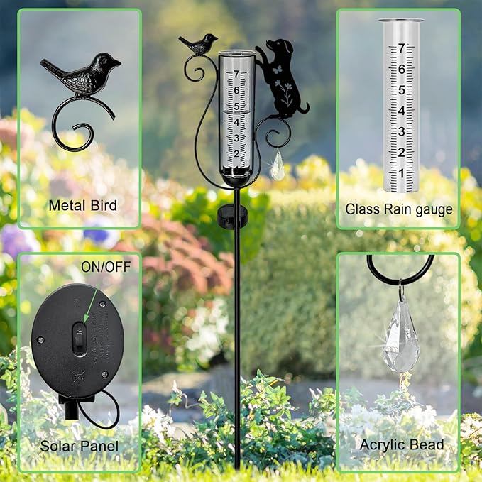 Outdoor rain Gauge Accurate Outdoor rain Gauge Garden rain Gauge with Black Dog and Bird Solar Light Stake Decorative rain Gauge for Garden Patio Lawn with Large Numbers 37 in Tall