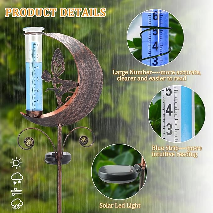WONDER GARDEN Solar Rain Gauge Outdoor, Decorative Moon Fairy Rain Gauges Outdoors Best Rated, Freeze Proof Water Rain Measure Gauge for Yard Patio Lawn Garden Decor