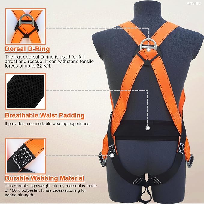 Safety Harness Fall Protection Kit,INTERNAL Shock Absorbing Landyard&Hook Full Body Safety Harness for Construction,Roofing Work Harnesses,OSHA/ANSI Compliant(Orange)