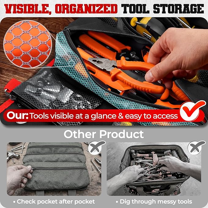Roll Up Tool Bag, Heavy Duty See-Through Tool Roll Organizer with 2 Detachable Pouches, Portable Mechanic & Motorcycle Tool Bag, Birthday & Father’s Day Gift, Red