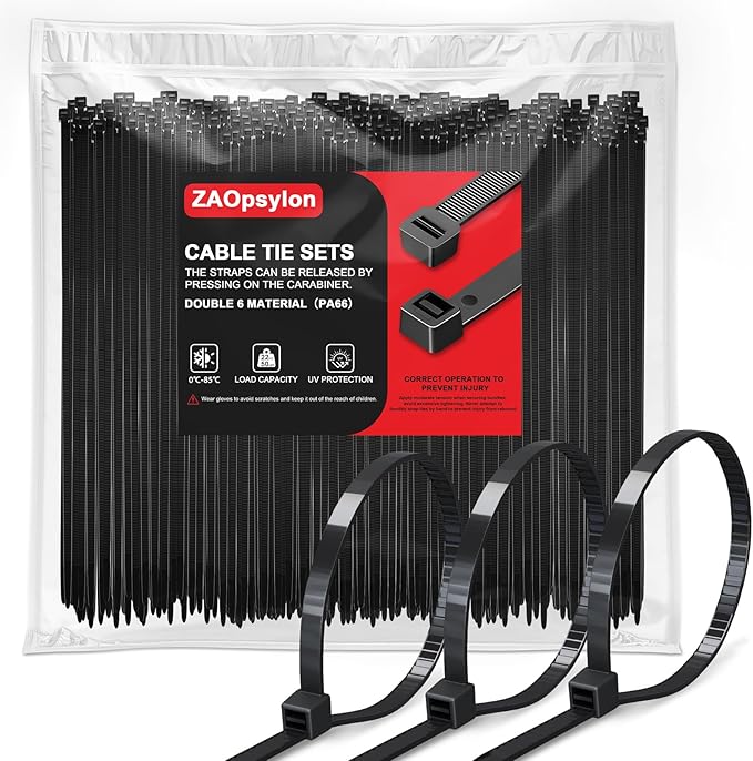 Cable Ties, Black, 0.19 inch*8 inch (4.8 mm x 200 mm), 1100-Pack: UV-Resistant, Long Cable Ties, Black, 28 kg Tensile Strength. Suitable for indoor and outdoor use, home, and office.