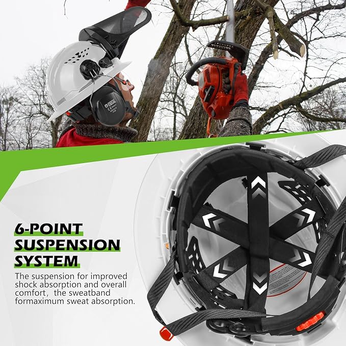 GREEN DEVIL Industrial Chainsaw Helmet with Face Shield Built in Visor and Ear Muffs 4 in 1 System ANSI Z89.1 Safety Hard Hat Adjustable Headgear Ideal for Forestry and Arborist Work Full Brim Style