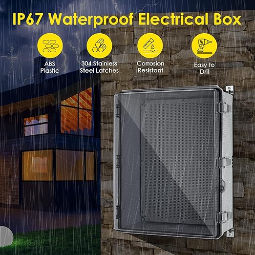Waterproof Electrical Junction Box Outdoor, IP67 ABS Plastic Weatherproof Electrical Enclosure with Aluminum DIN Rail, Mounting Platem for WiFi Project, Clear (20.1''×16.1''×7.9'')
