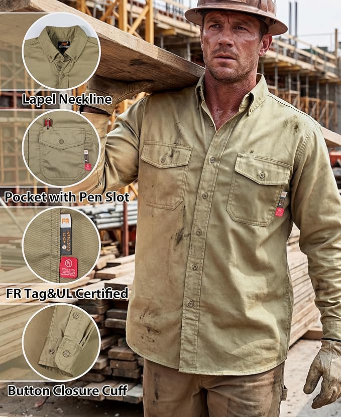 KONRECO FR Shirts for Men 6.5oz Lightweight Work Uniform Flame Resistant Welding Shirt/Water & Stain Repellent