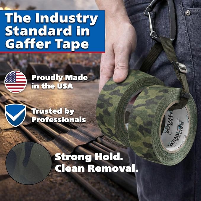 Gaffer Power Army Green Camo Gaffer Tape – Professional Grade, Made in USA, Non-Reflective Matte Cloth Tape, Heavy Duty, Easy Tear, Residue-Free – 2 Inch x 25 Yards