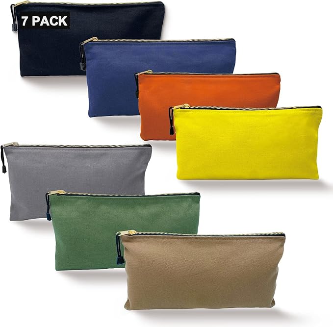 Heavy Duty Canvas Tool Bag Organizer – 7 Pack Zipper Utility Pouches in Assorted Colors (12.5″ x 7″) – Multipurpose Storage for Tools, Craft Supplies, Electronics, Travel, Home & Workshop