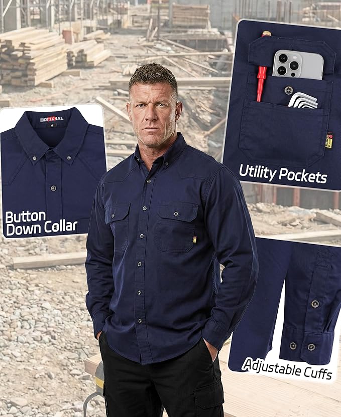 BOCOMAL FR Shirts Button Down Dura-Light 6.5 oz Soft Heather Series Utility Chest Pockets Flame Resistant Work Shirt CAT2