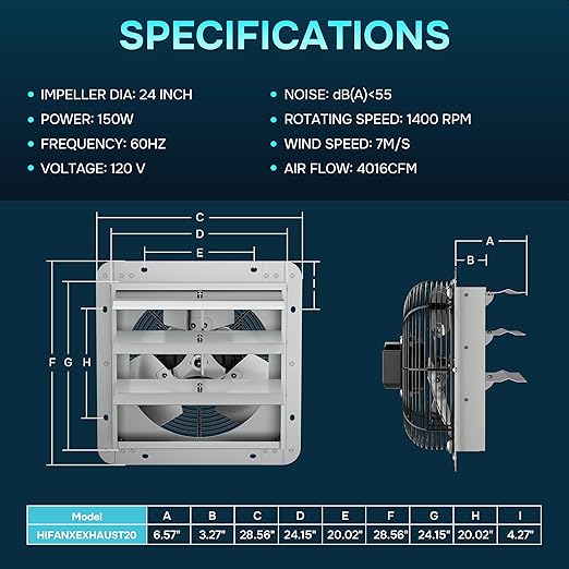 Simple Deluxe 24 Inch Wall Mounted Shutter Exhaust Fan, Aluminum, 1400 RPM, 4016 CFM, for Attic, Garage, Louvered Vent, Plant, Greenhouse, Silver