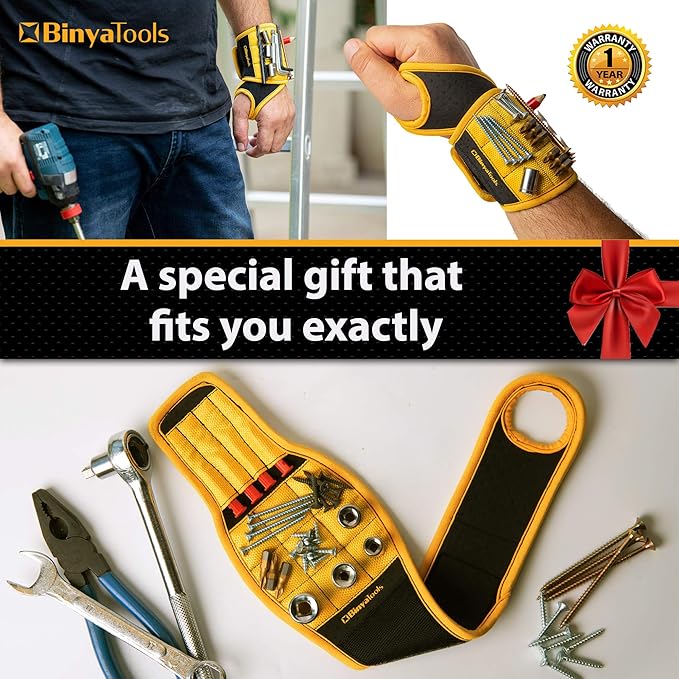 BINYATOOLS Magnetic Wristband for Tools Gift for Him Magnet Screw Holder Wrist Support Keeps Screws Nails, Drill Bits Handy Unique Tool Gadgets Men’s Gadgets Dad Gadgets