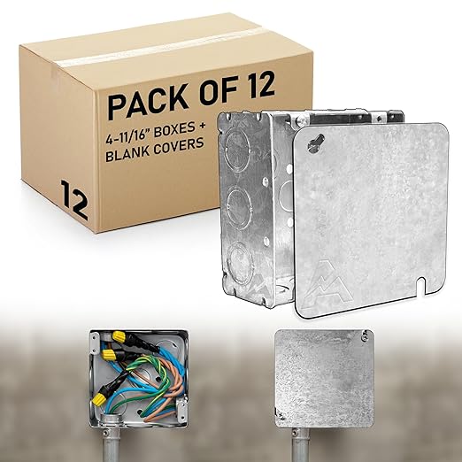 (12 Pack) Airmont Products 4-11/16” Square Electrical Box and Cover Kit, UL Listed Welded Metal Junction Box, 2-1/8” Deep, 42 Cu in, Flat Blank Cover with Keyhole and Slotted Mounts
