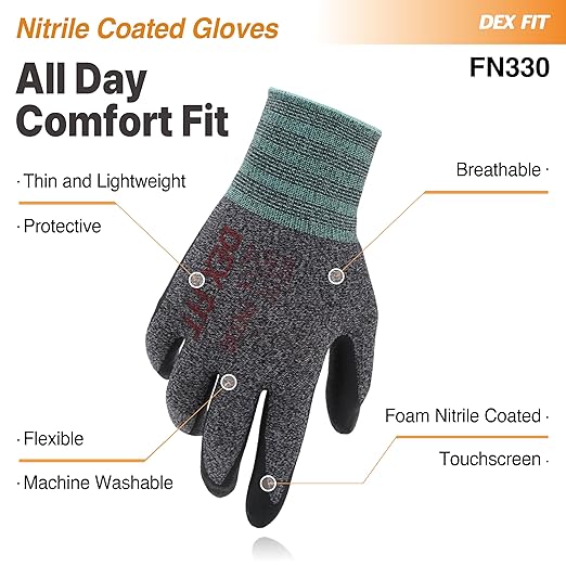 DEX FIT Nitrile Work Gloves FN330, 12 Pairs, 3D-Comfort Stretchy Fit, Firm Grip, Thin & Lightweight, Touch-Screen Compatible, Durable, Breathable & Cool, Machine Washable; Black Grey L (9)